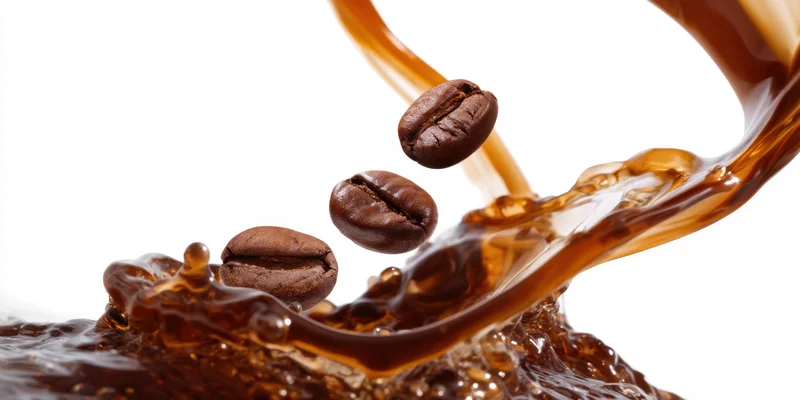 Coffee splash with whole beans suspended midair against white background