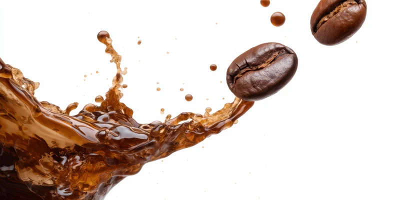 Coffee splash with whole beans suspended mid-air against white background