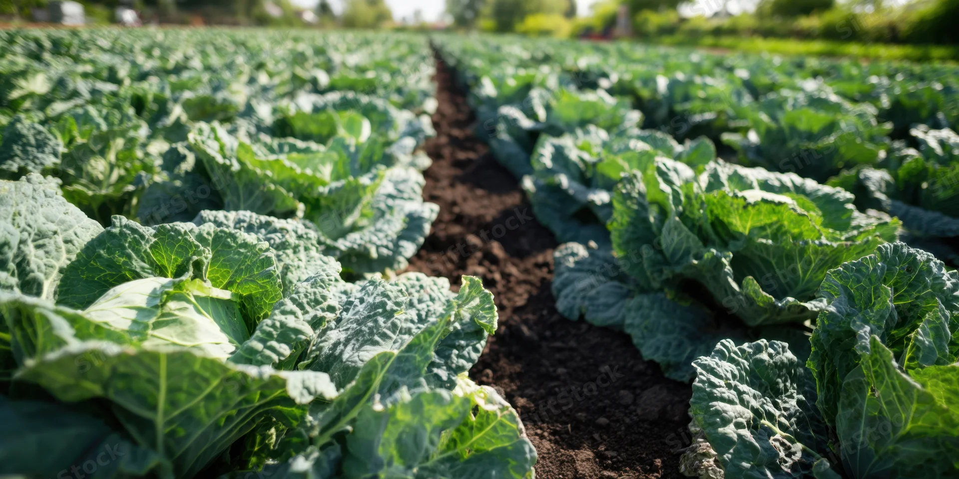 Rows of green cabbage plants growing in dark soil in a farm field