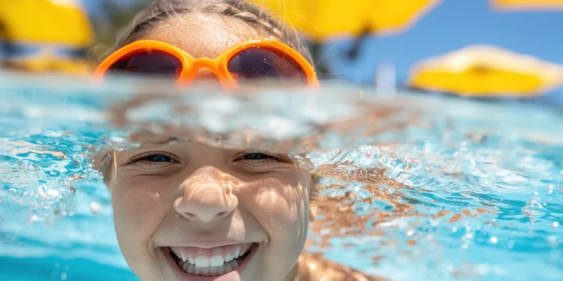 Child smiling underwater in a pool with orange sunglasses, half-submerged, surrounded by yellow umbrellas and blue sky