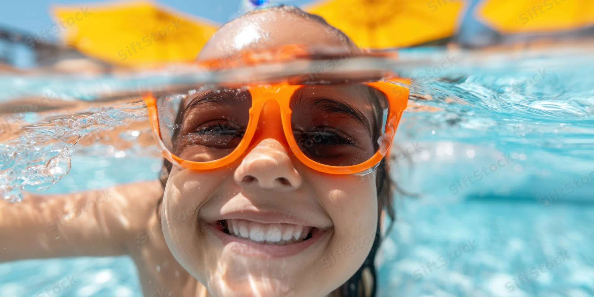 Child smiling with orange sunglasses half-submerged in pool water