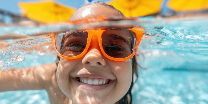 Child smiling with orange sunglasses half-submerged in pool water