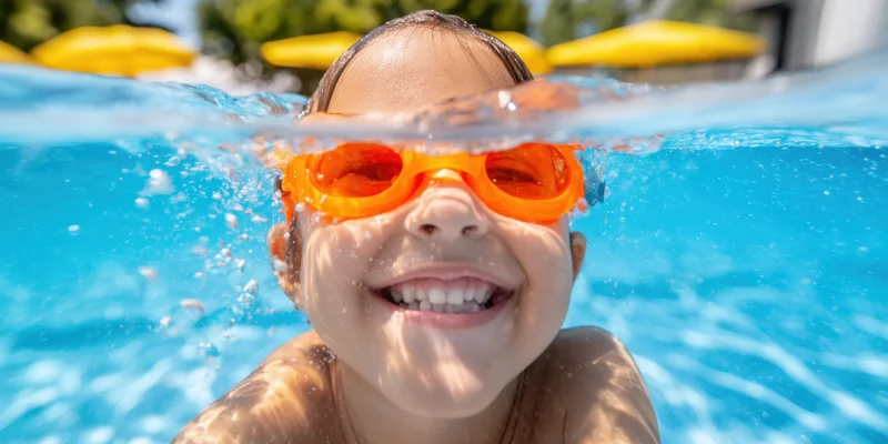 Child smiling underwater in a pool wearing orange goggles