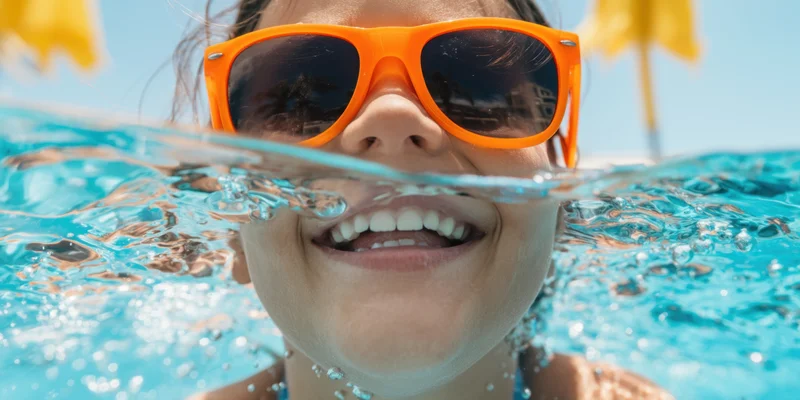 Child smiling with orange sunglasses half-submerged in pool water