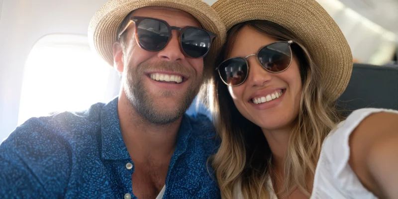 Couple smiling for selfie on airplane cabin seat near window