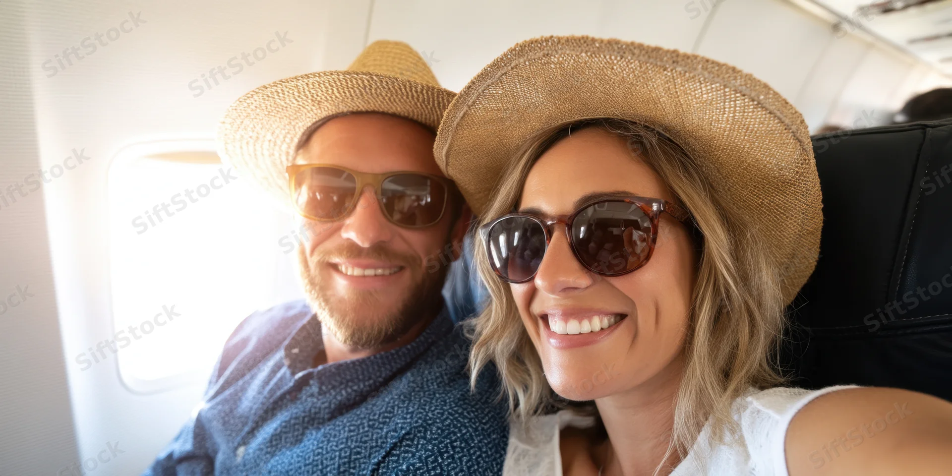 Couple smiling for a selfie inside an airplane cabin wearing straw hats and sunglasses