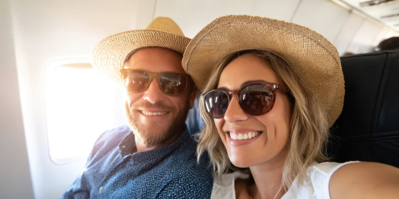 Couple smiling for a selfie inside an airplane cabin wearing straw hats and sunglasses