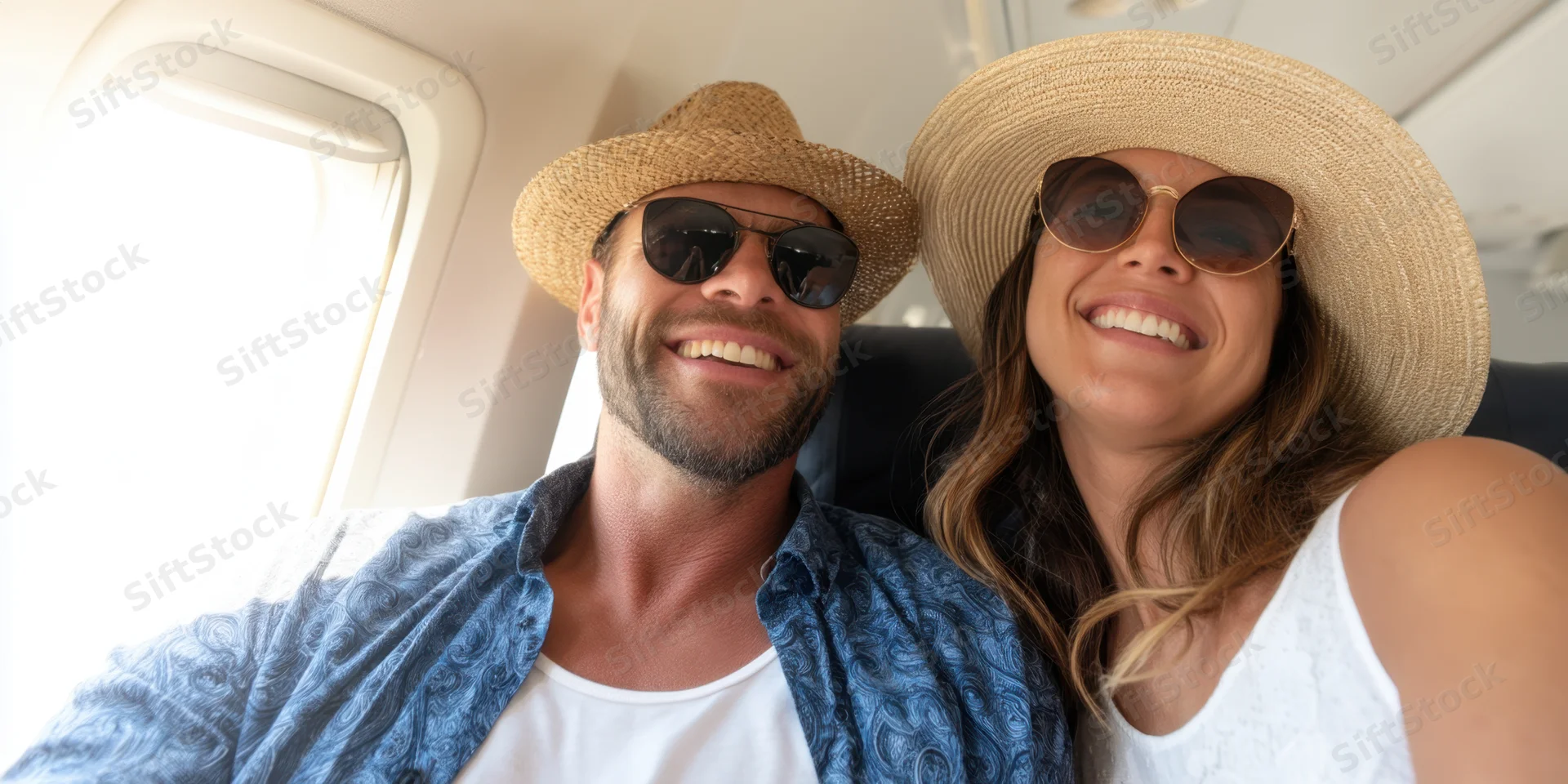 Couple smiling for selfie inside airplane cabin wearing hats and sunglasses