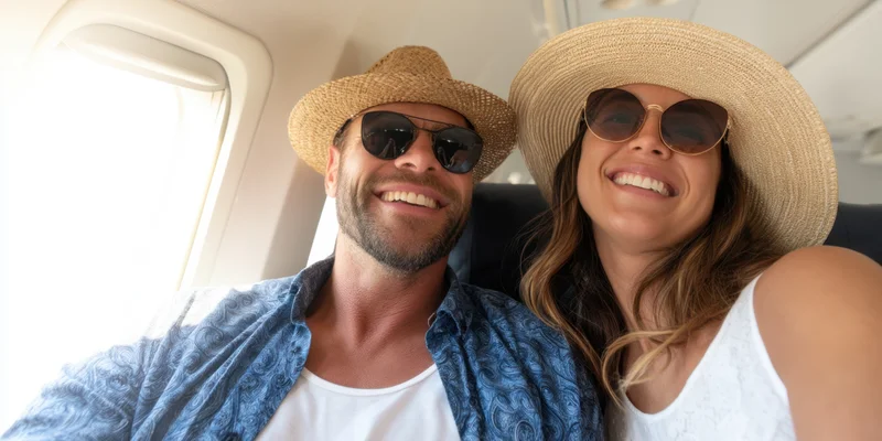 Couple smiling for selfie inside airplane cabin wearing hats and sunglasses