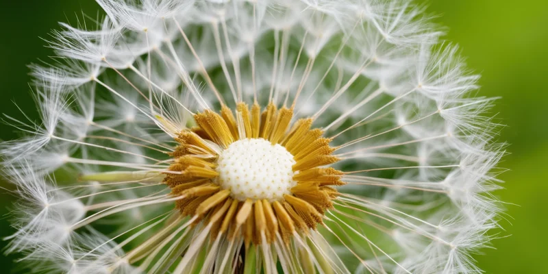 Macro close-up of a dandelion seed head with white fluff and golden-brown center against a green background