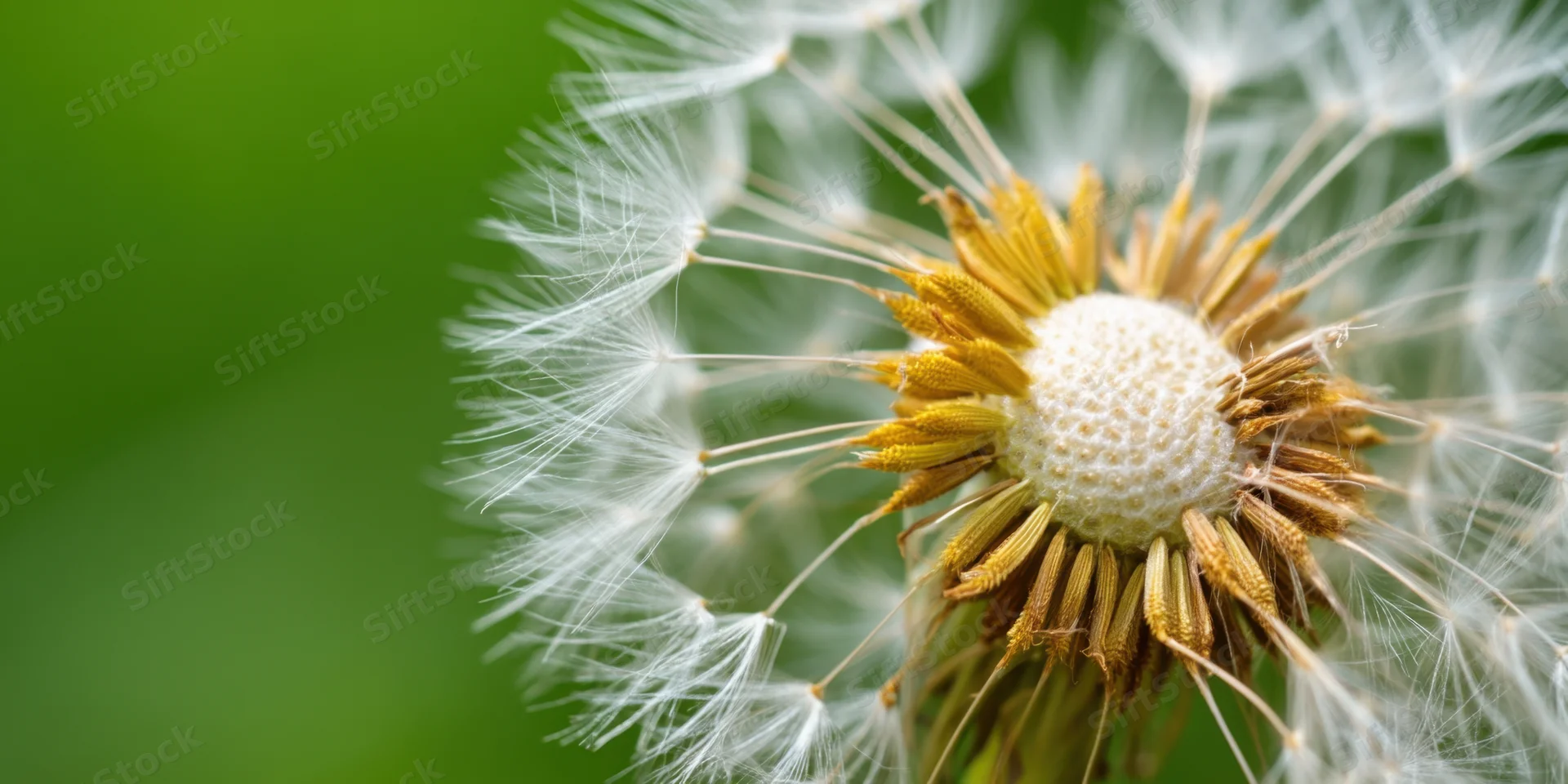 Macro close-up of a dandelion seed head with white filaments and golden-brown center against a green background
