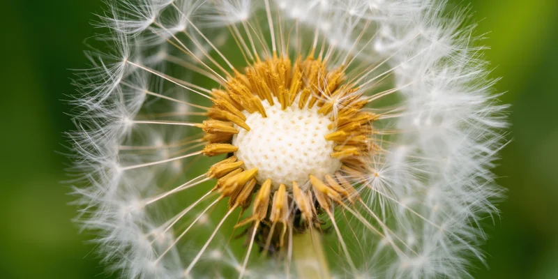 Macro close-up of a dandelion seed head with white fluff and golden center against green background
