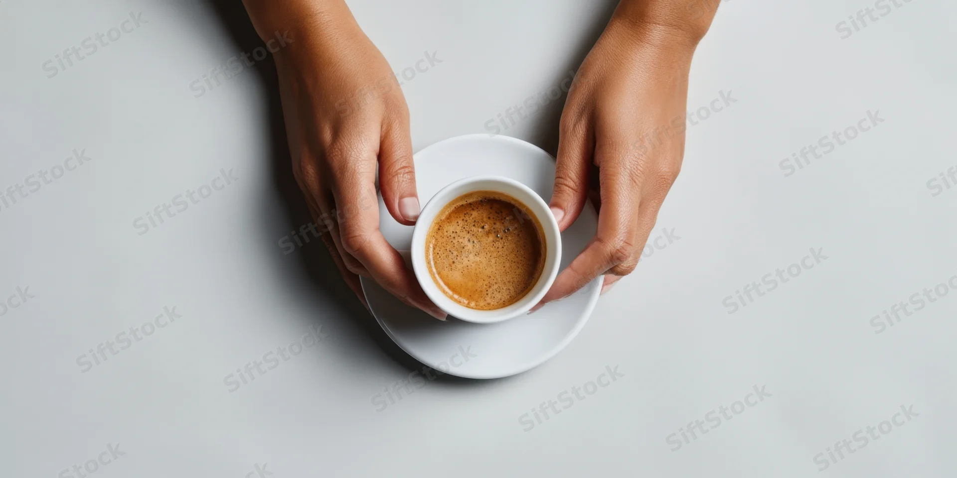 Hands holding a white ceramic coffee cup with espresso on a gray surface