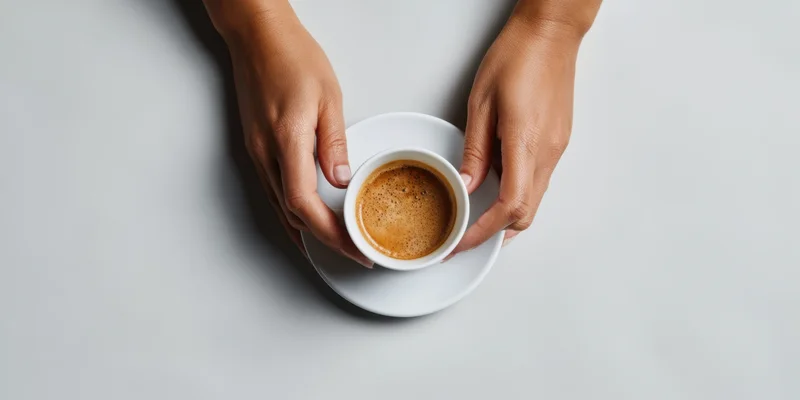 Hands holding a white ceramic coffee cup with espresso on a gray surface
