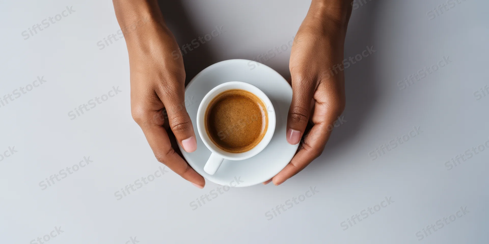 Hands holding a white ceramic coffee cup with espresso on a gray surface