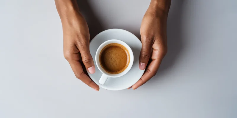 Hands holding a white ceramic coffee cup with espresso on a gray surface