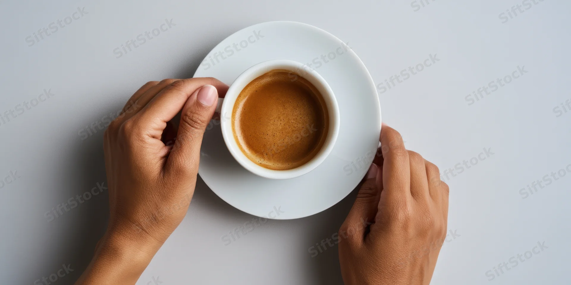 Woman holding a white ceramic coffee cup and saucer from above on a gray surface