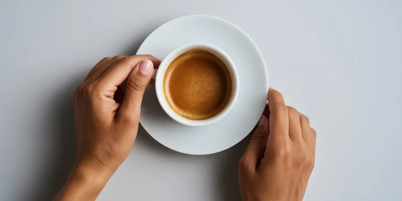 Woman holding a white ceramic coffee cup and saucer from above on a gray surface