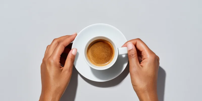 Hands holding a white ceramic coffee cup with espresso on a gray surface, top-down view