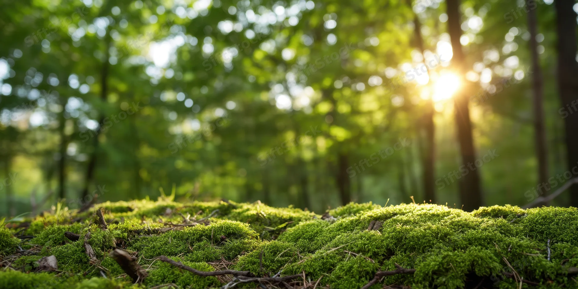 Moss-covered forest floor bathed in dappled sunlight through trees