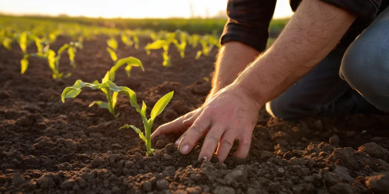 Farmer kneeling in dark soil gently touching a young corn seedling in a field at sunset