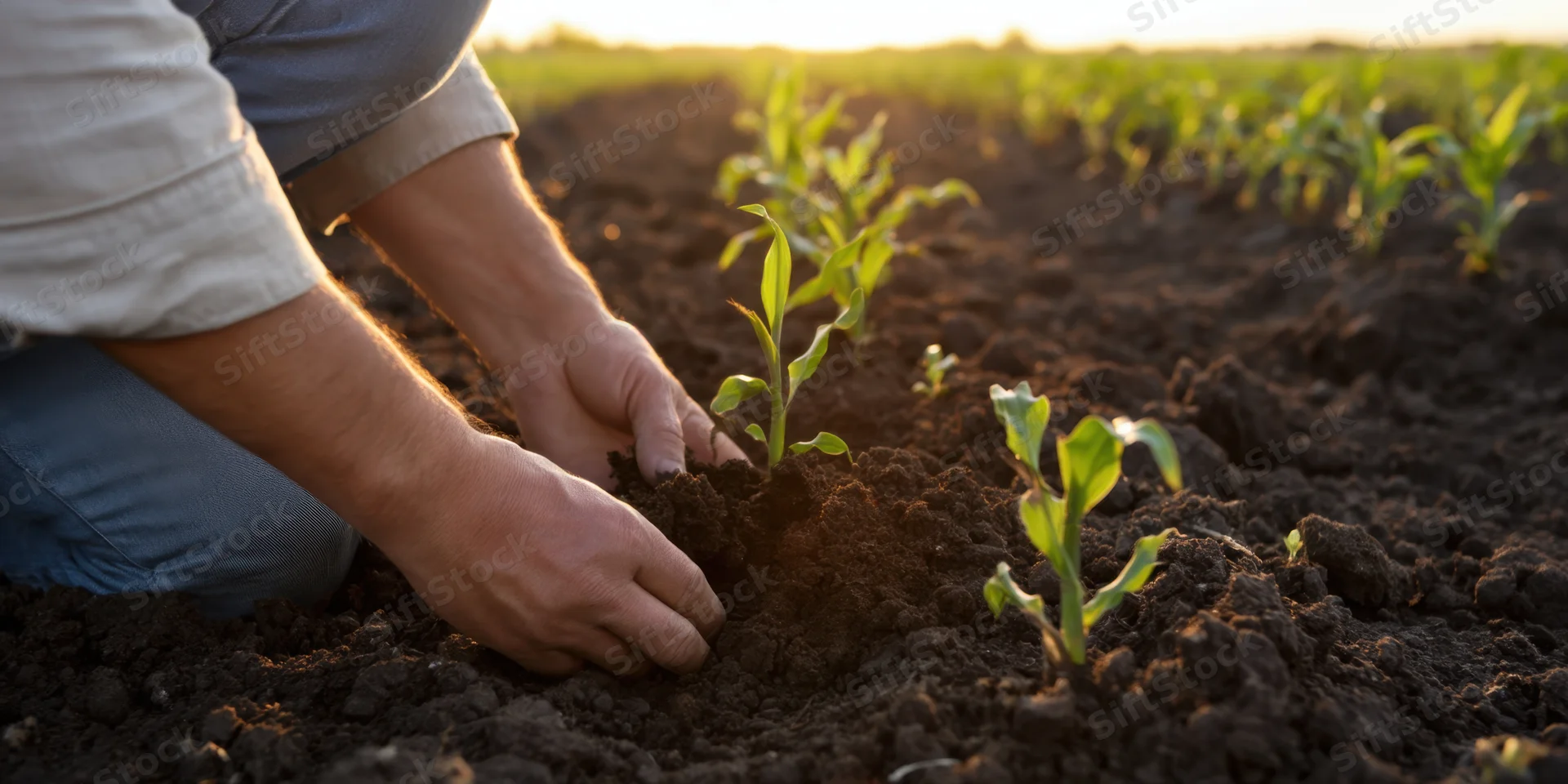 Farmer kneeling in dark soil planting young corn seedlings in a field at sunset