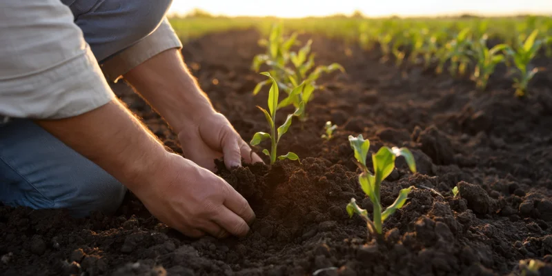 Farmer kneeling in dark soil planting young corn seedlings in a field at sunset