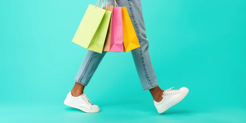 Woman walking with colorful shopping bags against turquoise background