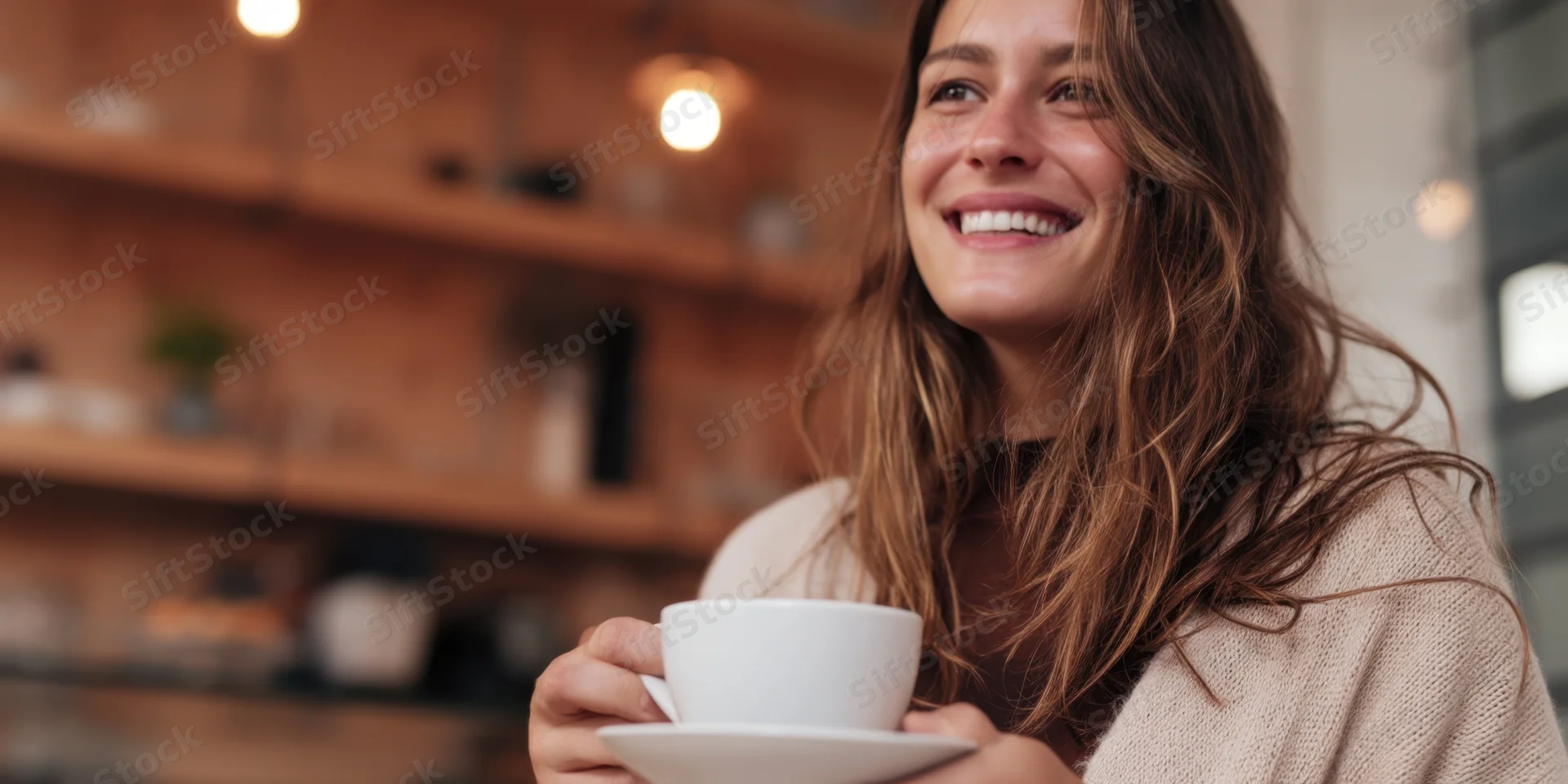 Smiling woman holding a white coffee cup in a cozy cafe interior