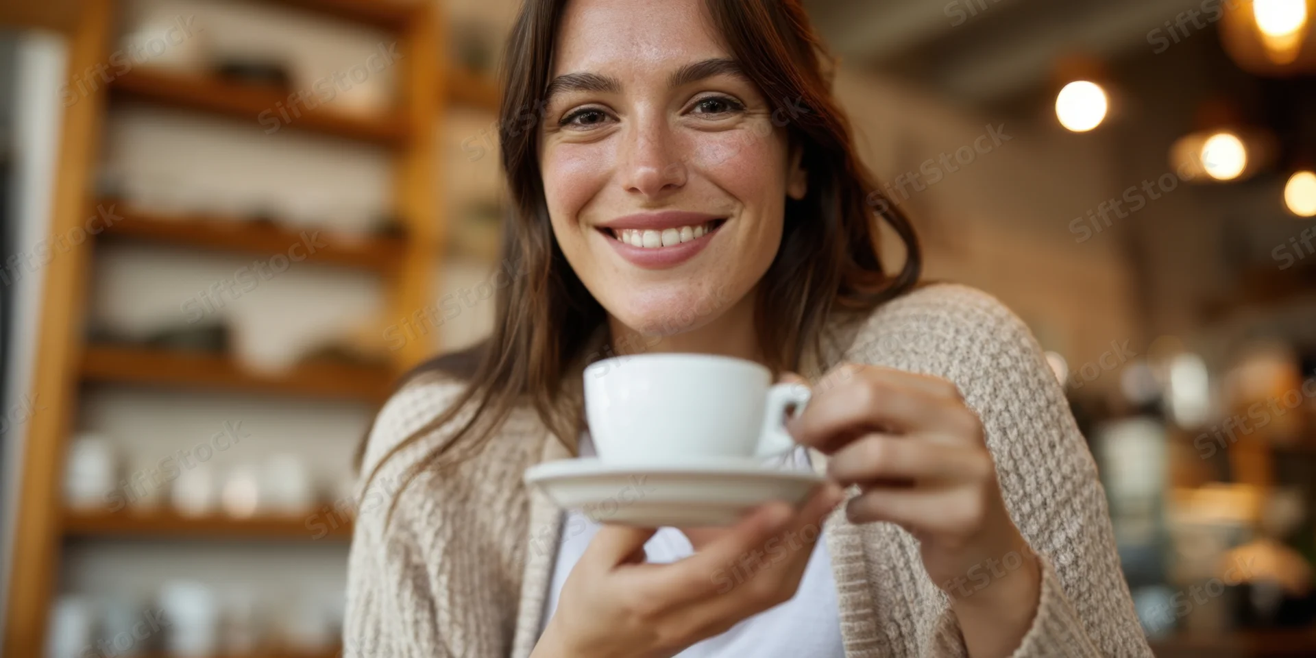 Smiling woman holding white coffee cup in cozy cafe interior