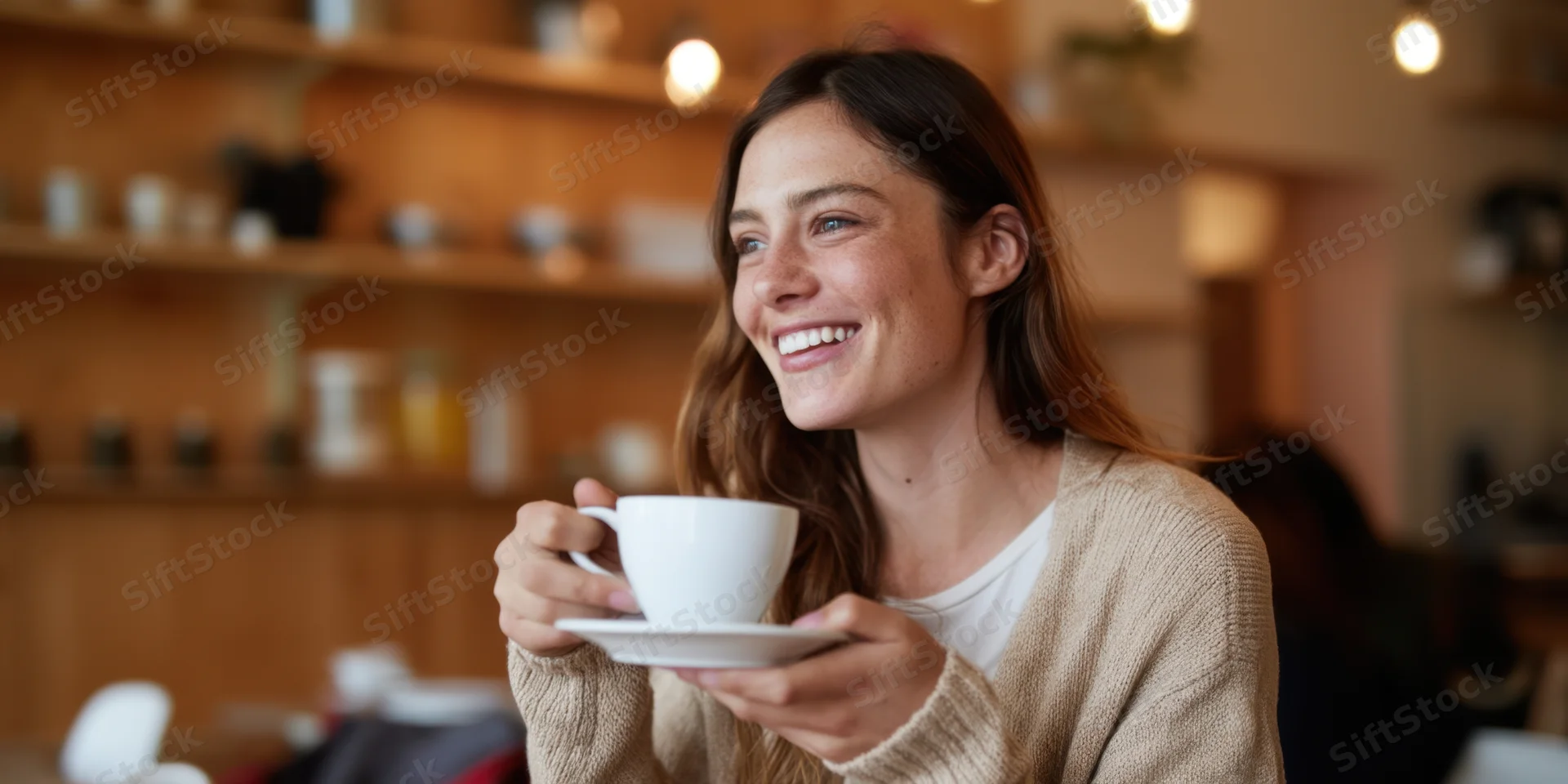 Woman smiling while holding a white coffee cup in a cozy cafe interior