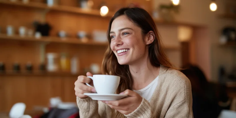 Woman smiling while holding a white coffee cup in a cozy cafe interior