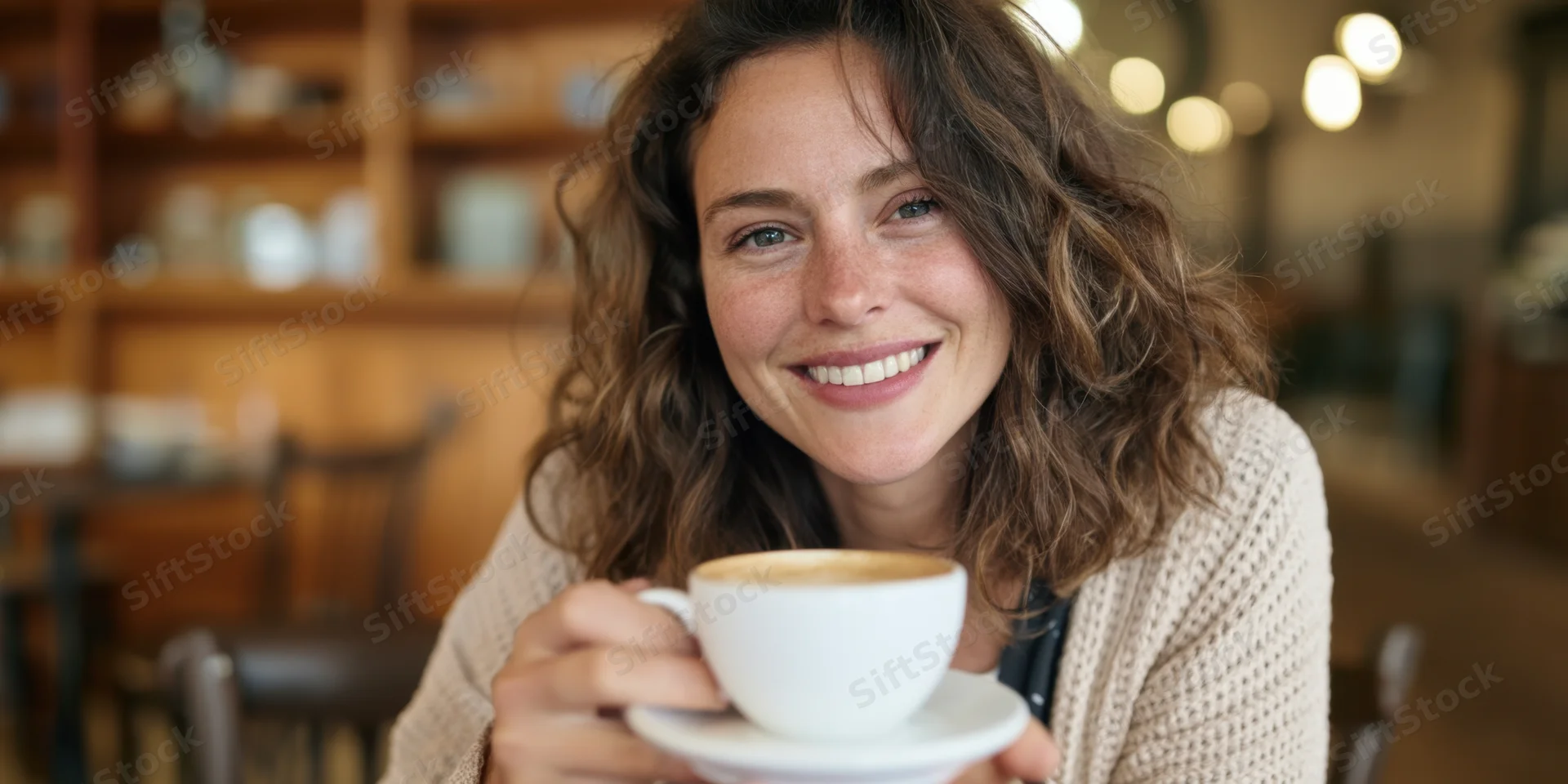 Smiling woman holding a white coffee cup in a cozy cafe interior