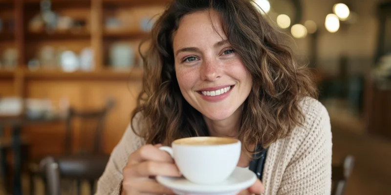 Smiling woman in a cozy cafe holding a white coffee cup