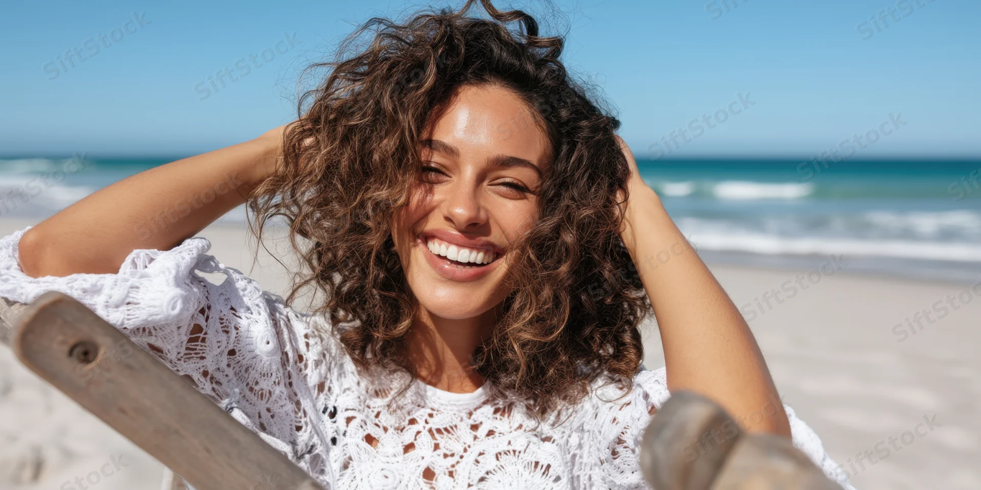 Smiling woman with curly hair in white lace top at beach