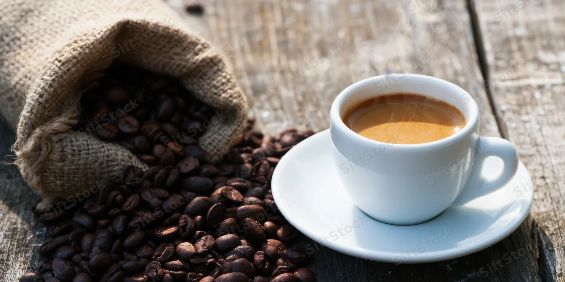 Steaming espresso in a white cup on a saucer beside spilled coffee beans from a burlap sack on a wooden table