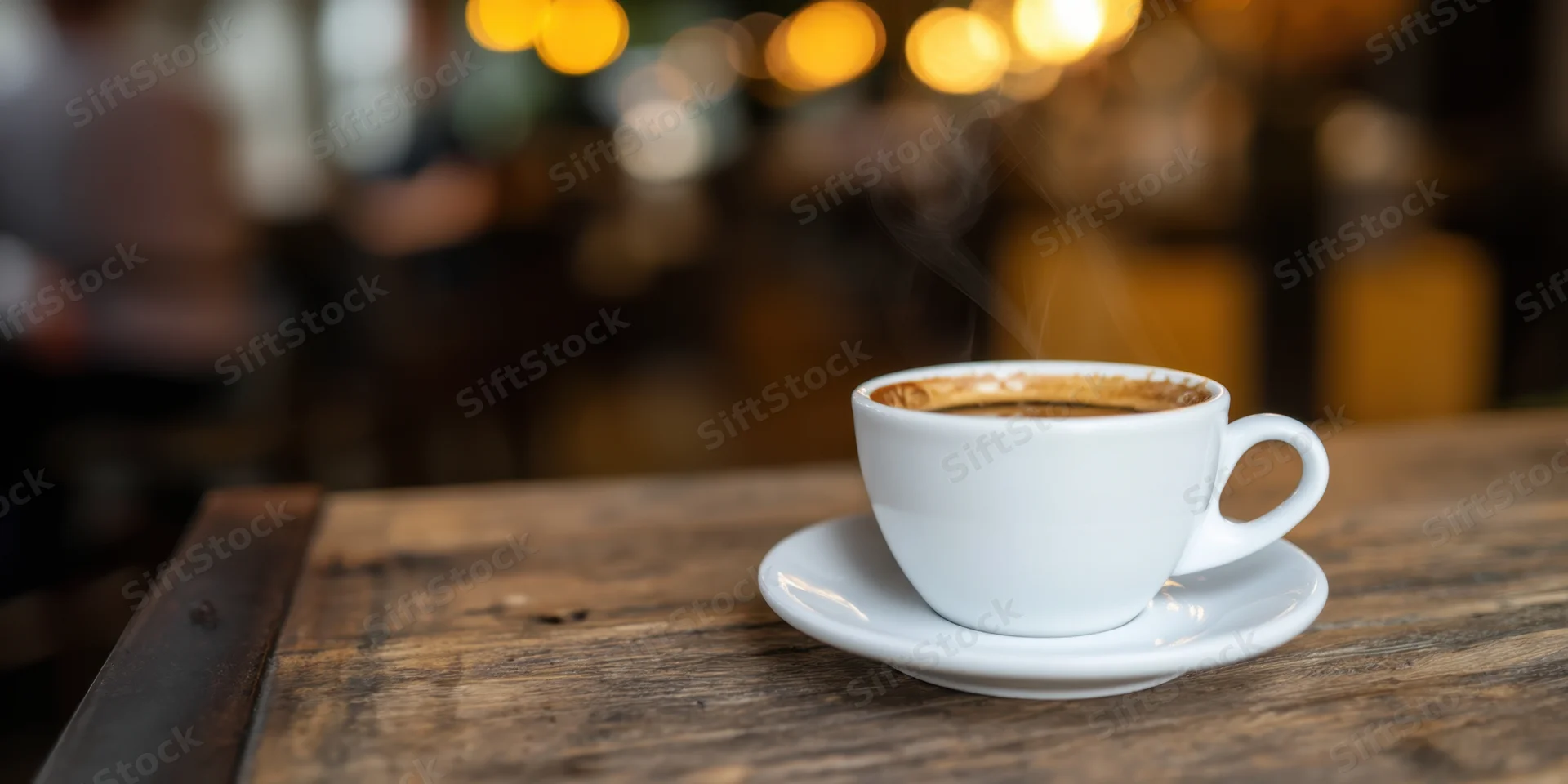 Steaming white coffee cup on a weathered wooden table in a cafe interior