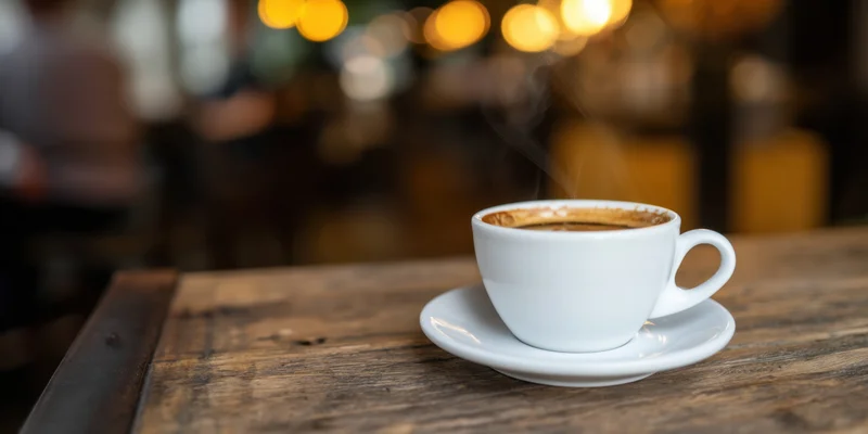 Steaming white coffee cup on a weathered wooden table in a cafe interior