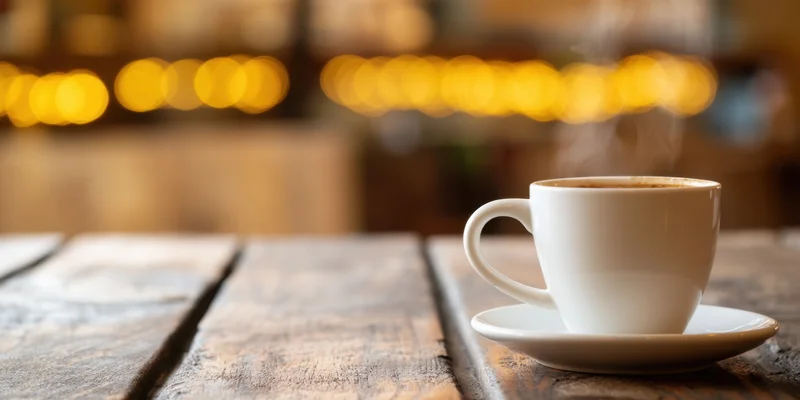 Steaming white coffee cup on a weathered wooden table in a cafe interior