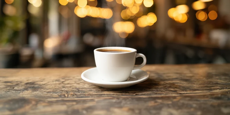 Steaming white coffee cup on a weathered wooden table in a cozy cafe interior