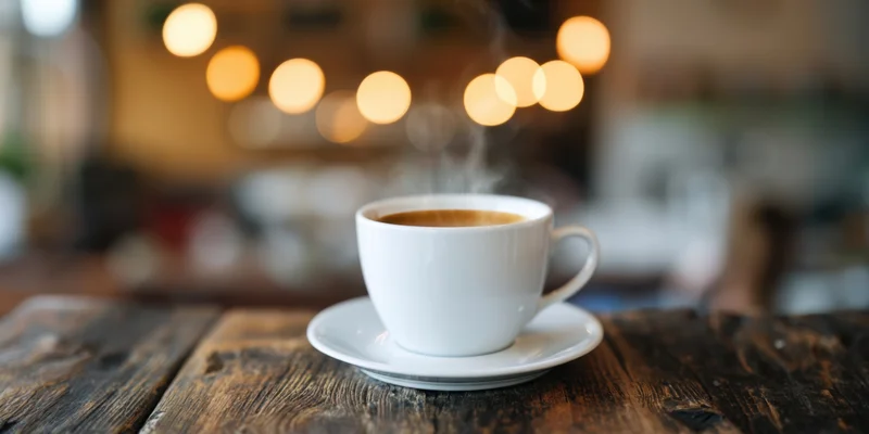 Steaming white coffee cup on a weathered wooden table in a cozy cafe interior