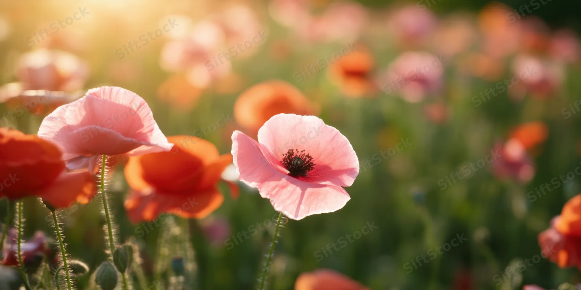Pink and red poppies blooming in a sunlit field with soft focus background