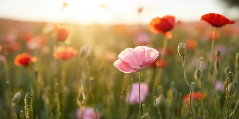 Pink and red poppies blooming in a sunlit field at sunset