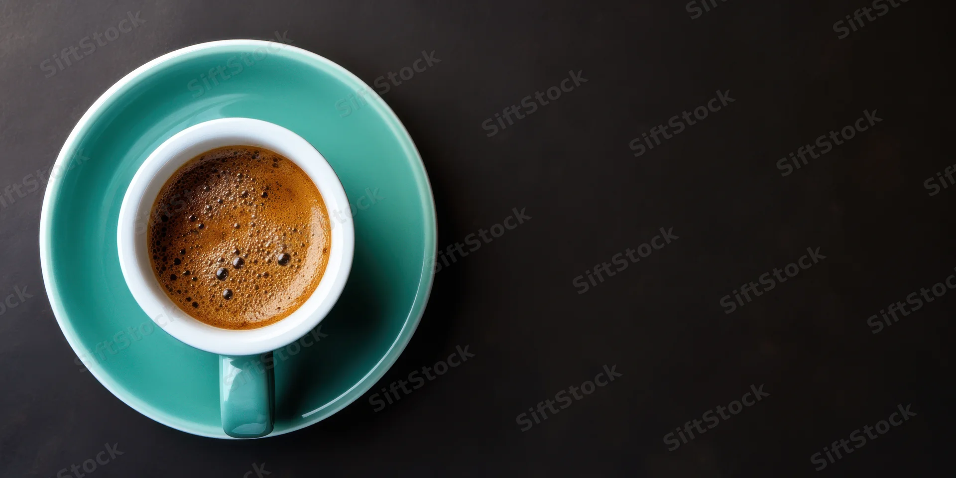 Overhead view of a teal ceramic coffee cup with foam on a matching saucer on a dark surface