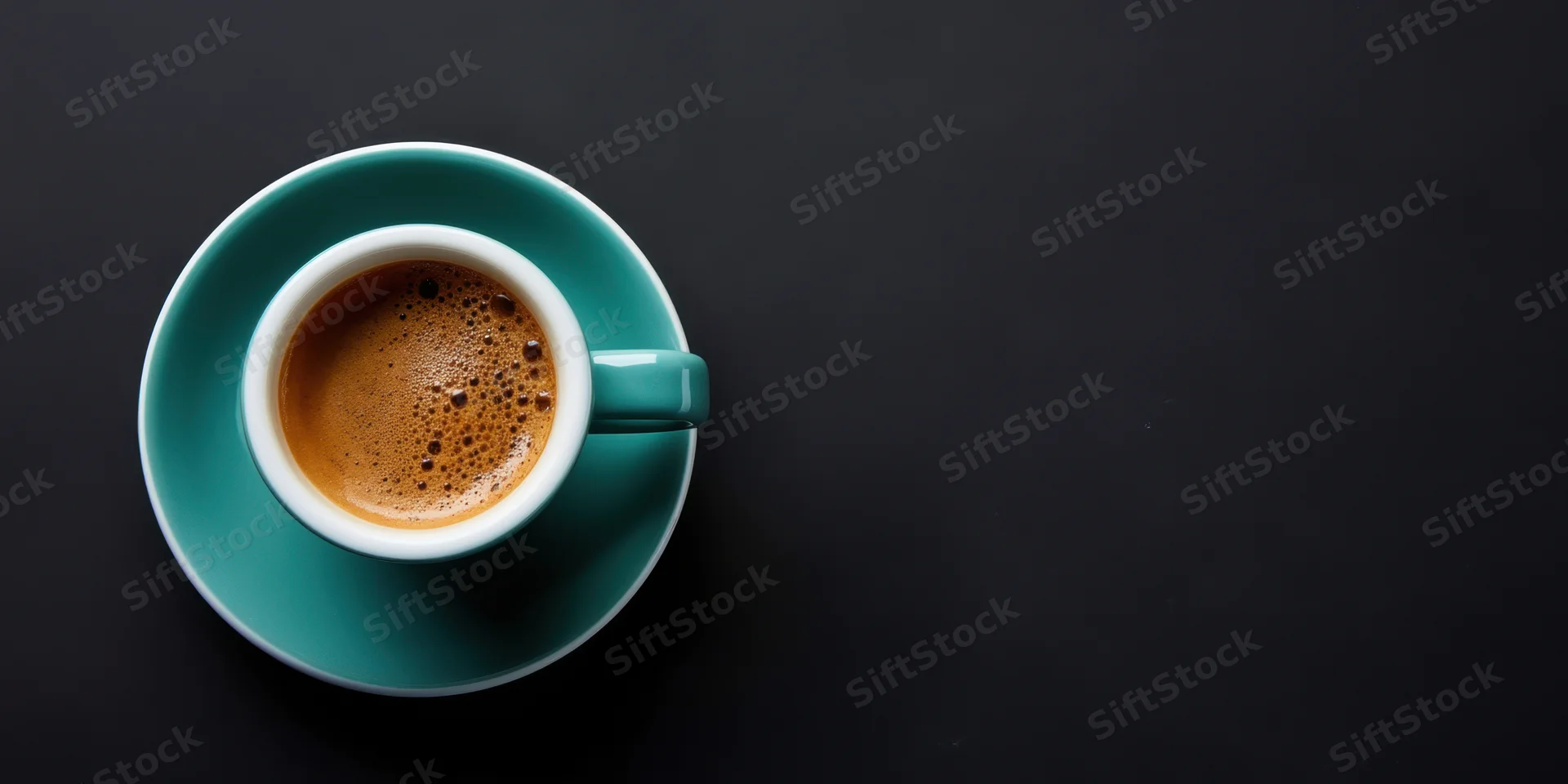 Teal ceramic coffee cup with foam on matching saucer on dark surface viewed from above