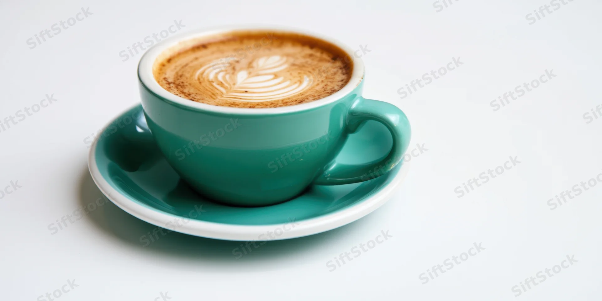 Teal ceramic cup with latte art heart design on white saucer, isolated on white background