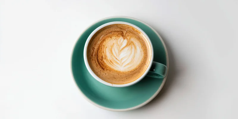 Teal ceramic cup with latte art on white surface
