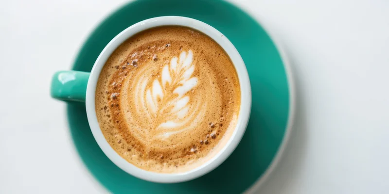 Overhead view of a teal ceramic cup with latte art on a white surface