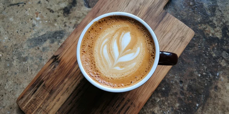 Latte with leaf-shaped foam art in a white ceramic cup on a wooden board