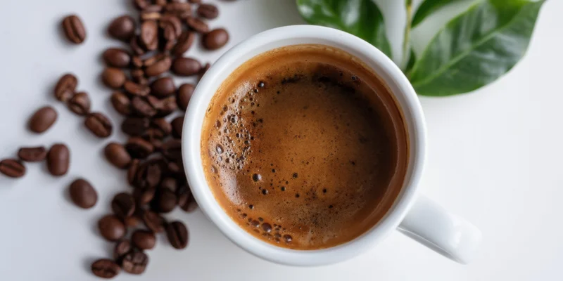 White ceramic cup filled with dark coffee and crema, surrounded by roasted beans and green leaves on a white surface